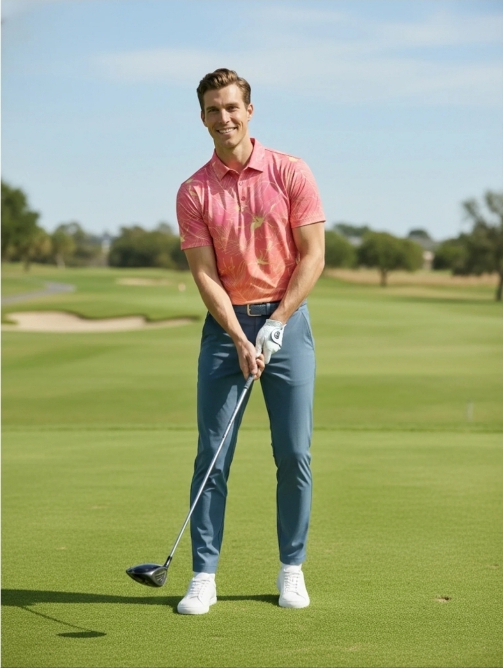 Men's Gradient Pink to Peach Floral Polo Shirt.  11